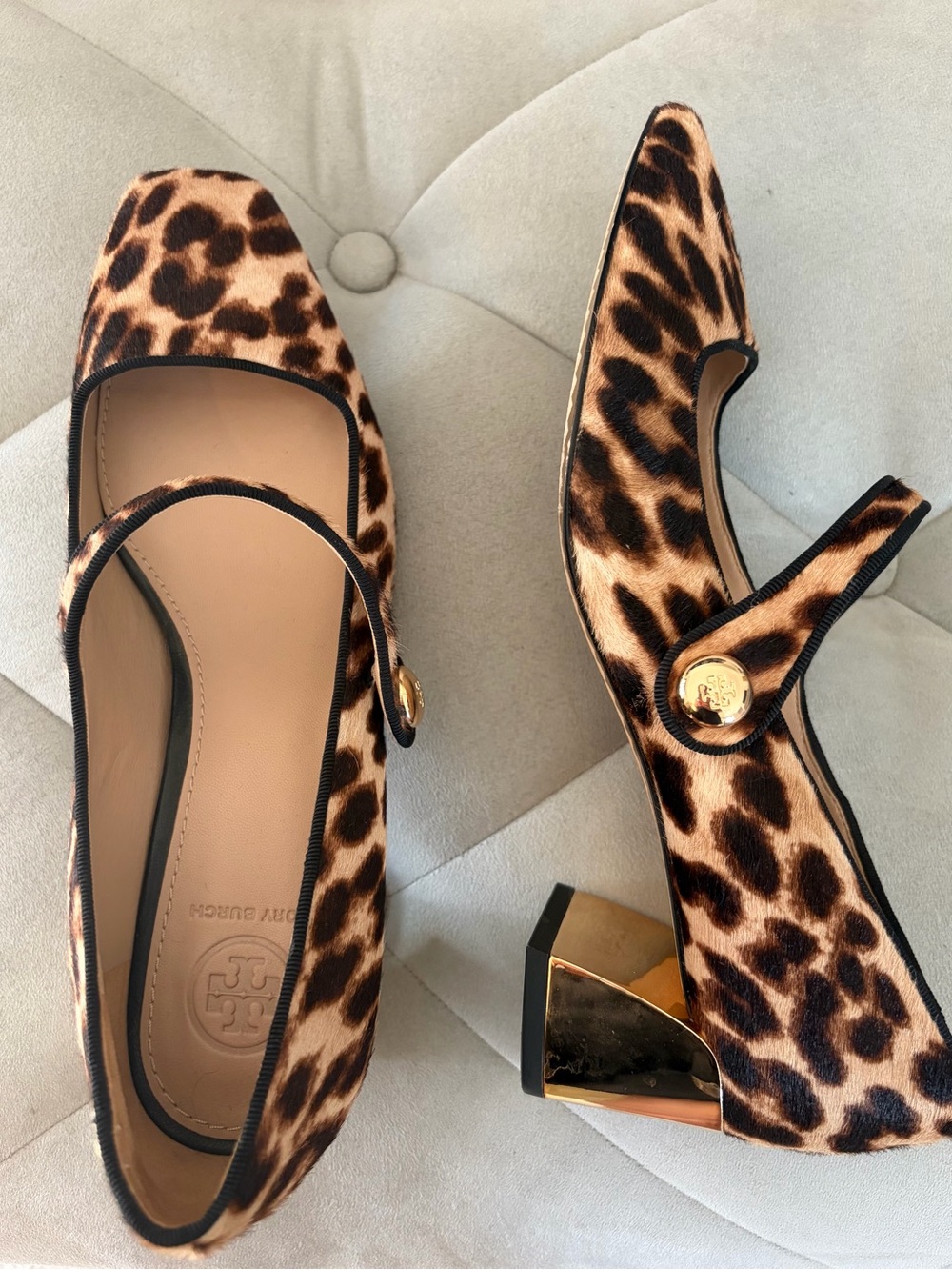 Tory Burch Leopard Mary Jane Block Heel Pumps with Gold Accent